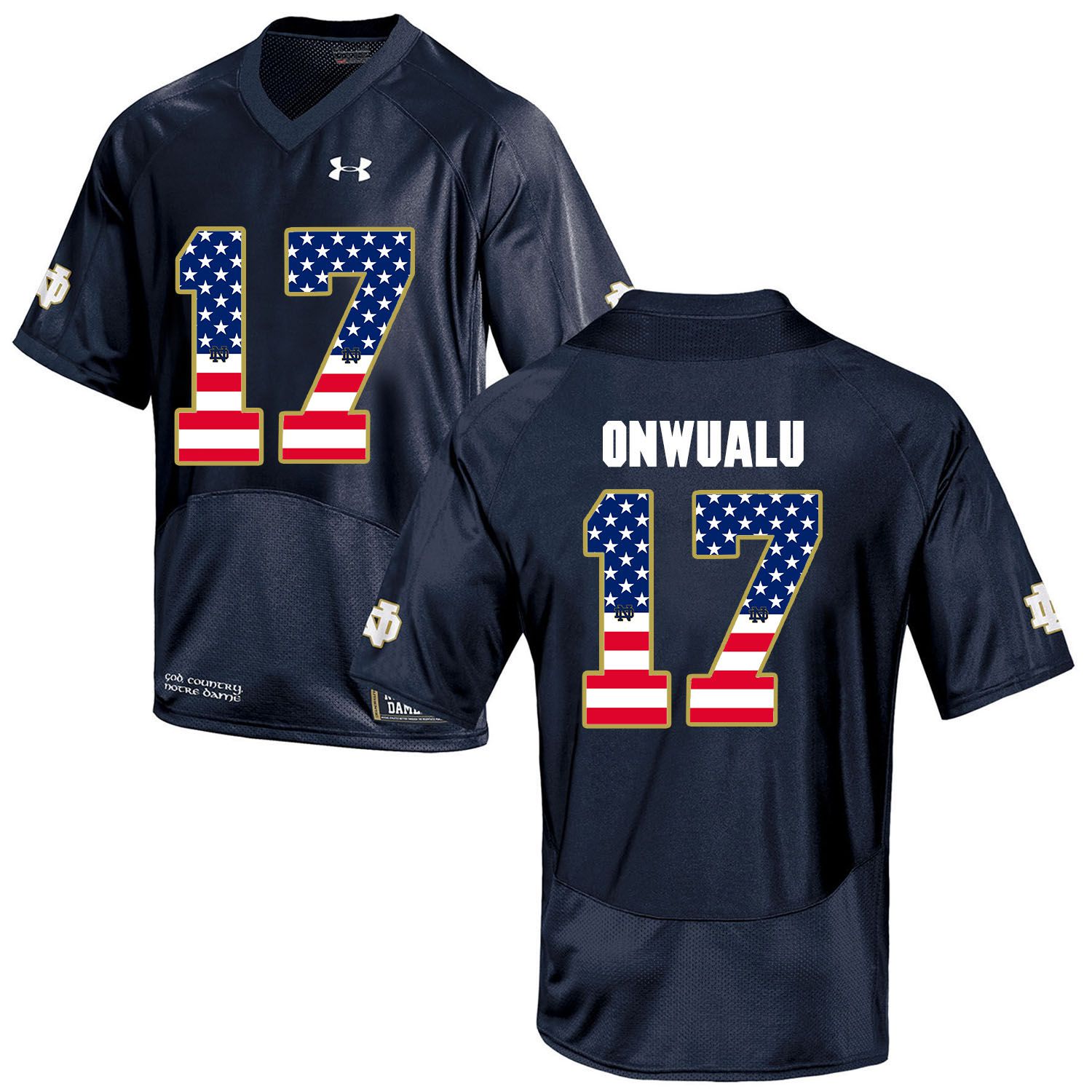 Men Norte Dame Fighting Irish #17 Onwualu Navy Blue Flag Customized NCAA Jerseys